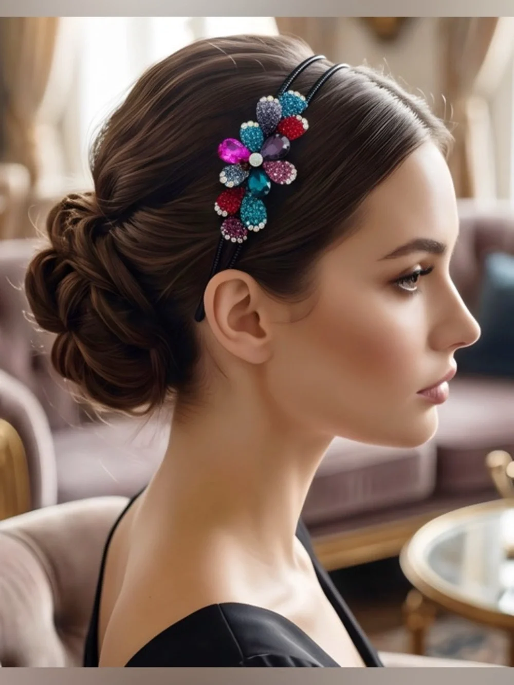 Crystal Floral Double-Band Headband in Pink, Teal, Red and Purple